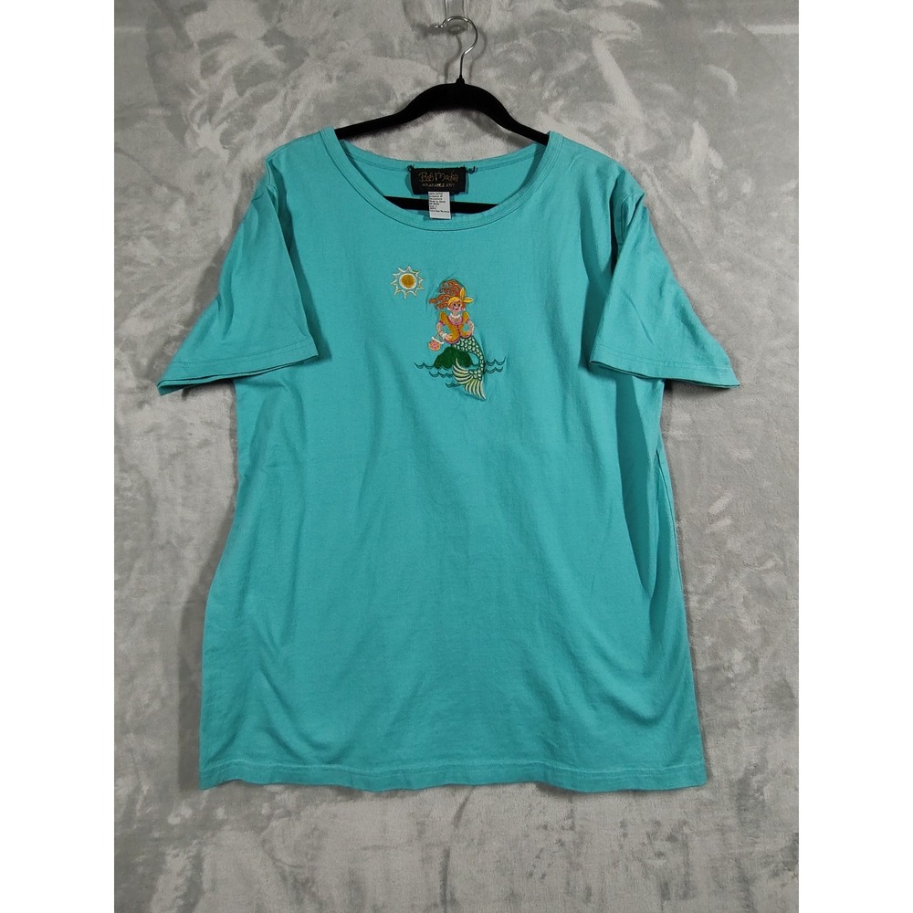 Bob Mackie Wearable Art Womens Teal Blue Embroidered Mermaid Cotton T-Shirt L